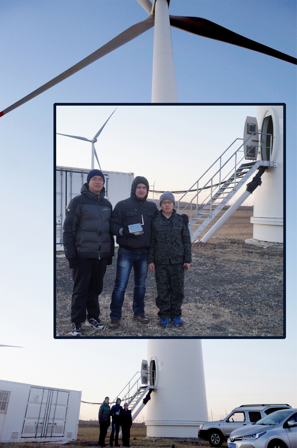 Siarhei Vasiukevich with Smartbow colleagues near the wind turbine where VibroBox system was tested